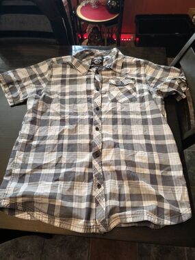 Metal Mulisha Men's Short-Sleeve Plaid Button-Down in Gray and White 2xl